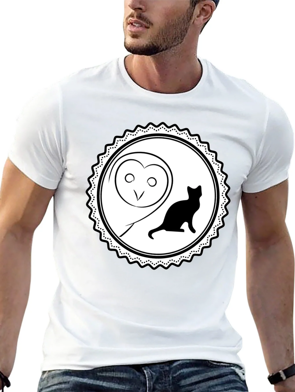 Owl and Cat Graphic Tee - Black Cotton product image 5