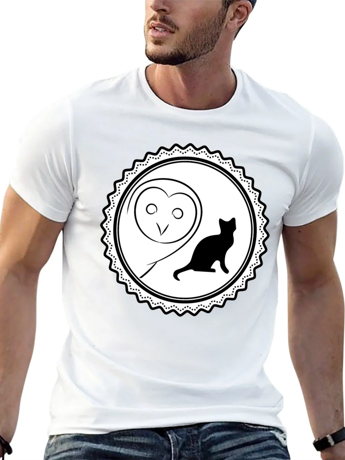 Owl and Cat Graphic Tee - Black Cotton product image 5