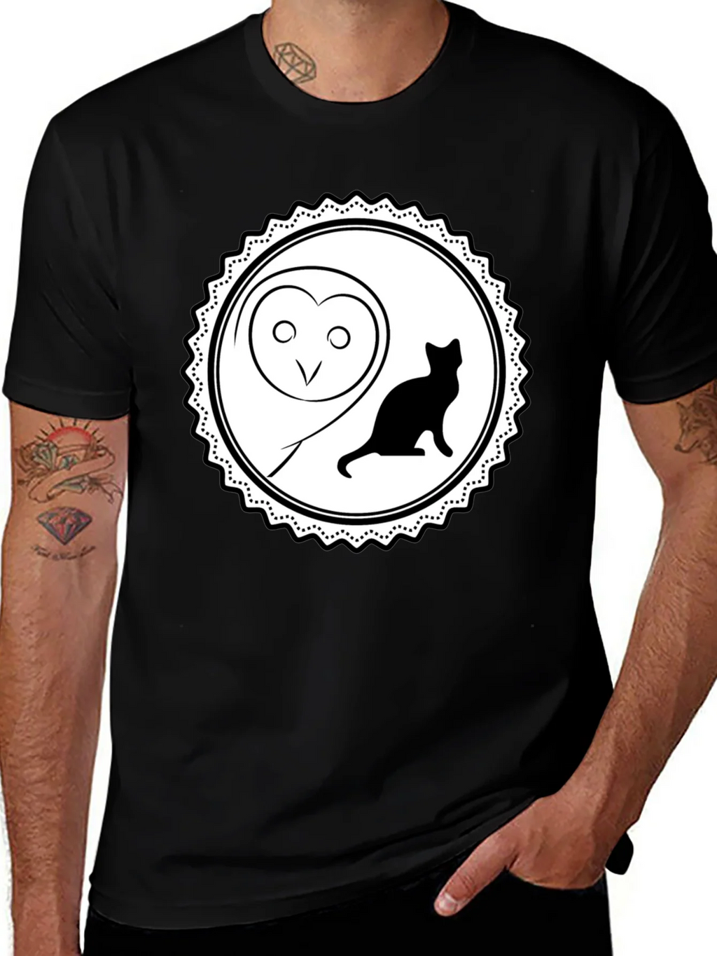 Owl and Cat Graphic Tee - Black Cotton product image 1