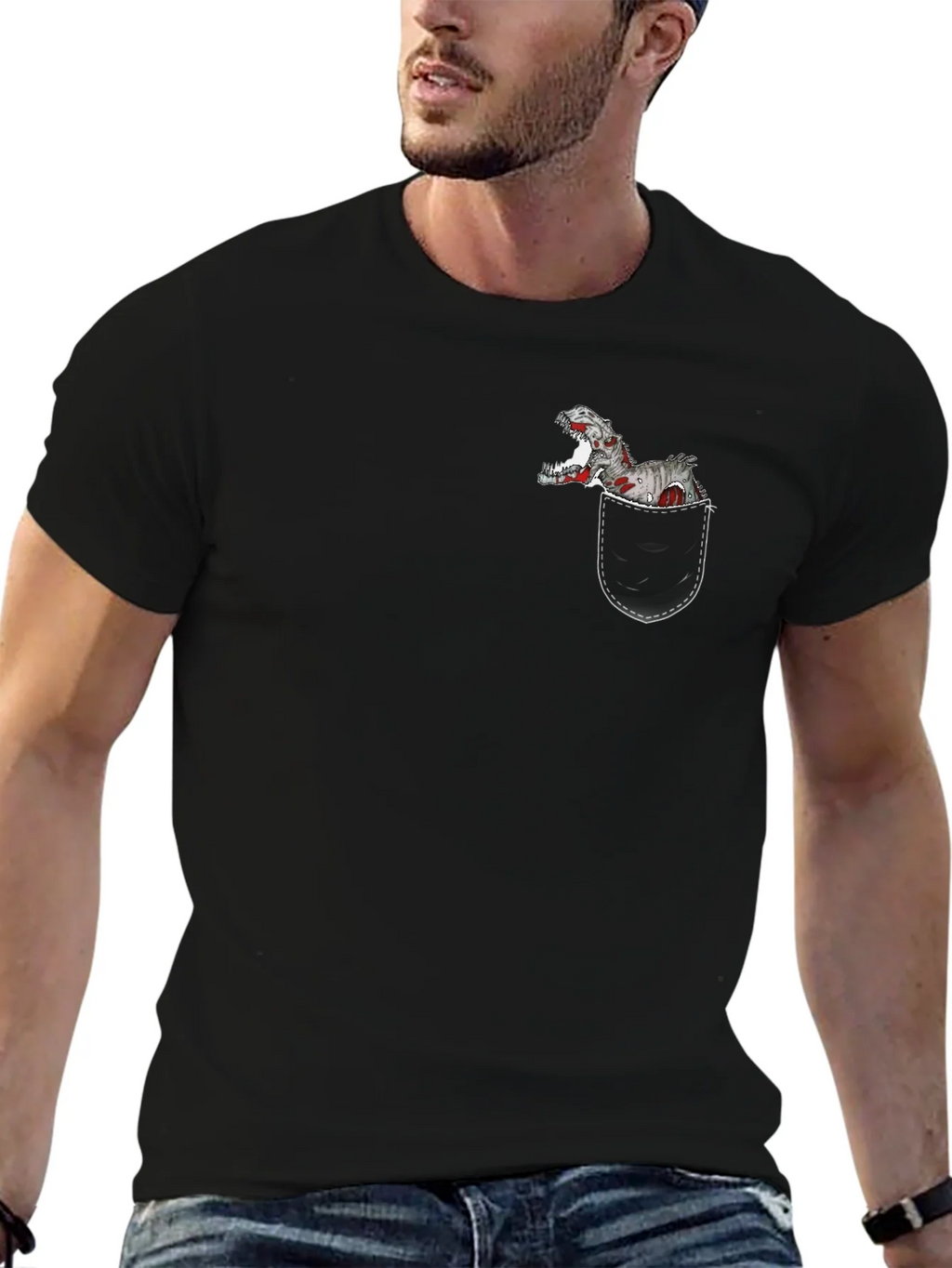 Dino Pocket T-Shirt - Black Cotton Graphic Tee product image 6
