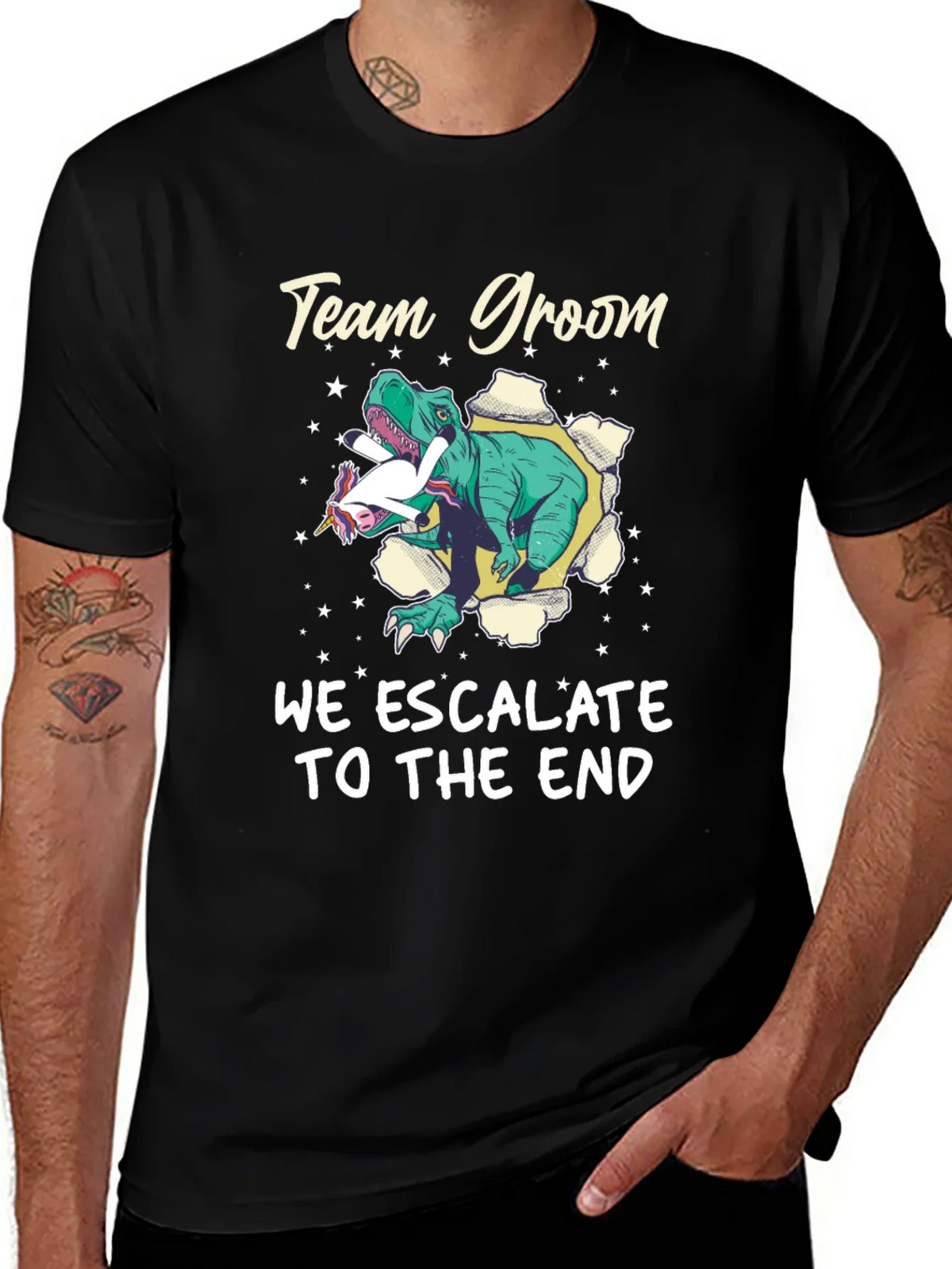 Team Groom T-Rex Unicorn Wedding Mens Black T-Shirt product image 1