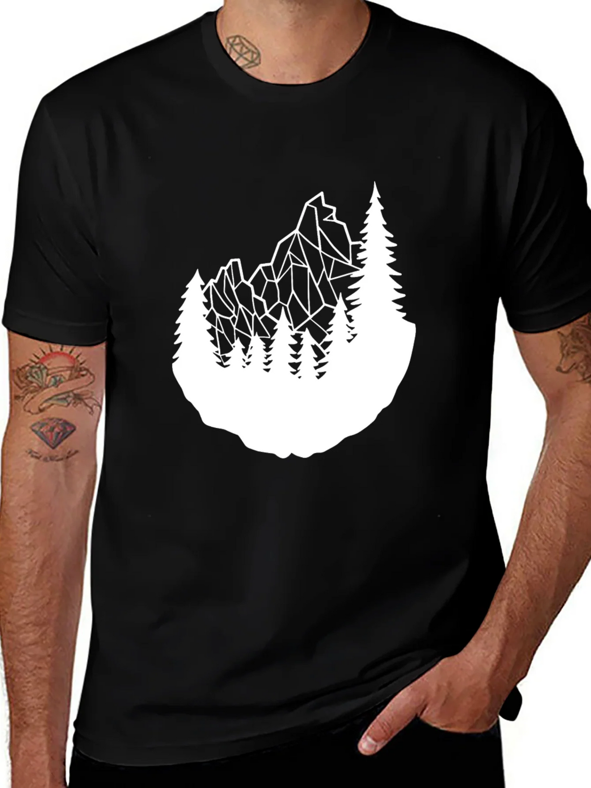 Geometric Mountain & Trees Graphic Tee - Black product image 1