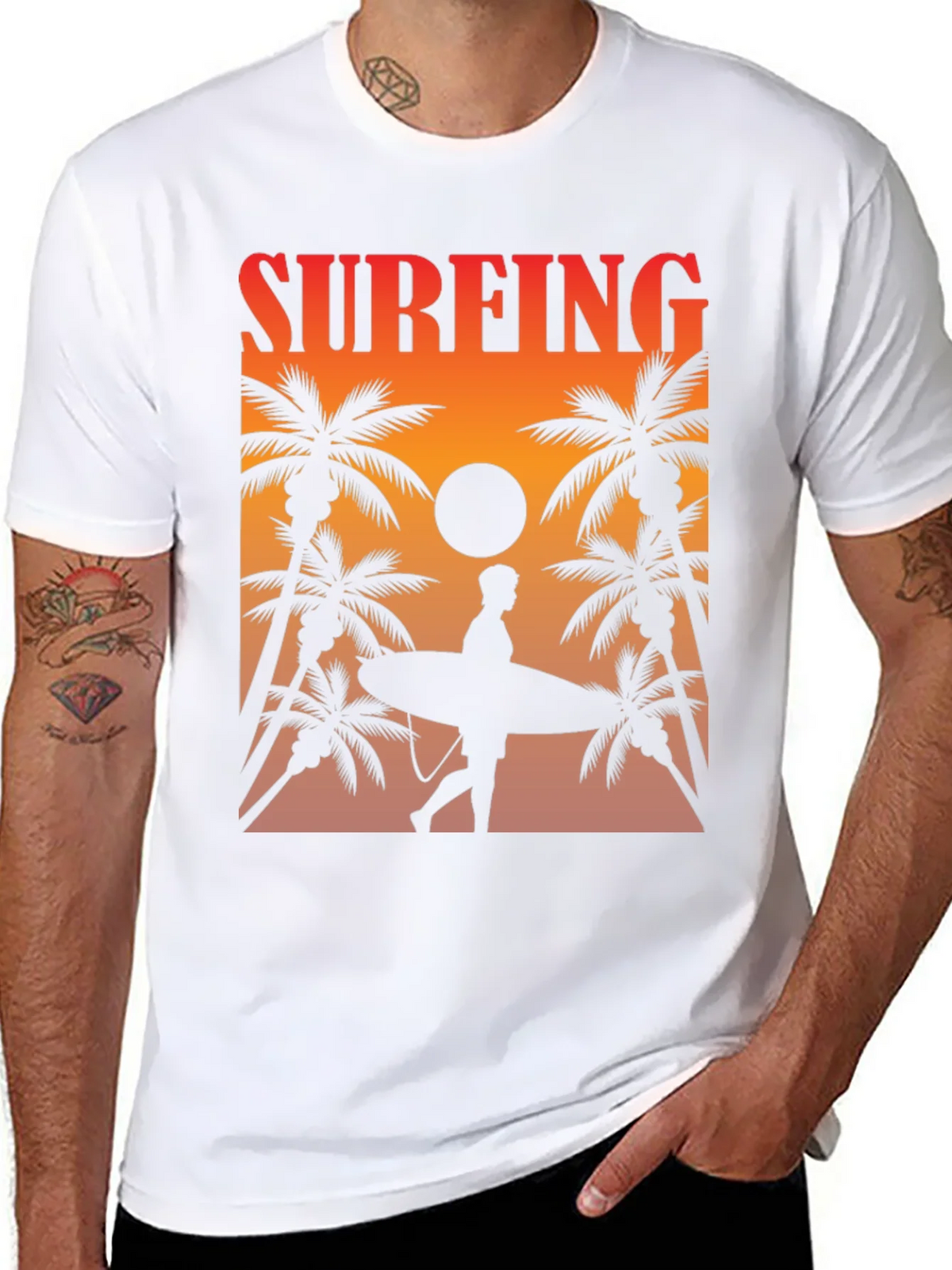 Surfing Sunset Graphic Tee - Palm Trees & Surfboard product image 4