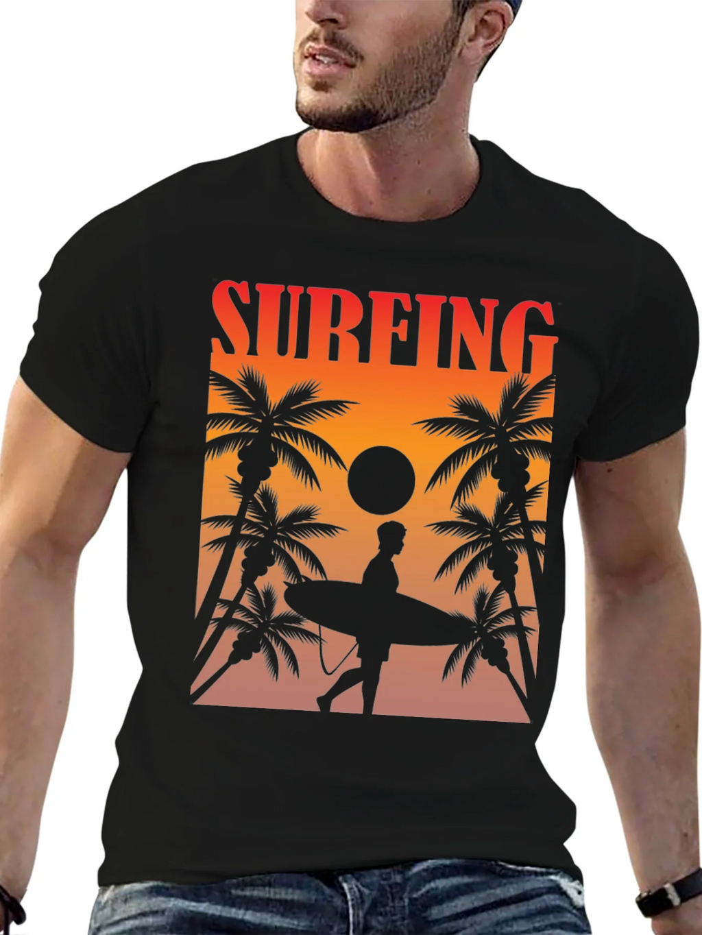 Surfing Sunset Graphic Tee - Palm Trees & Surfboard product image 3