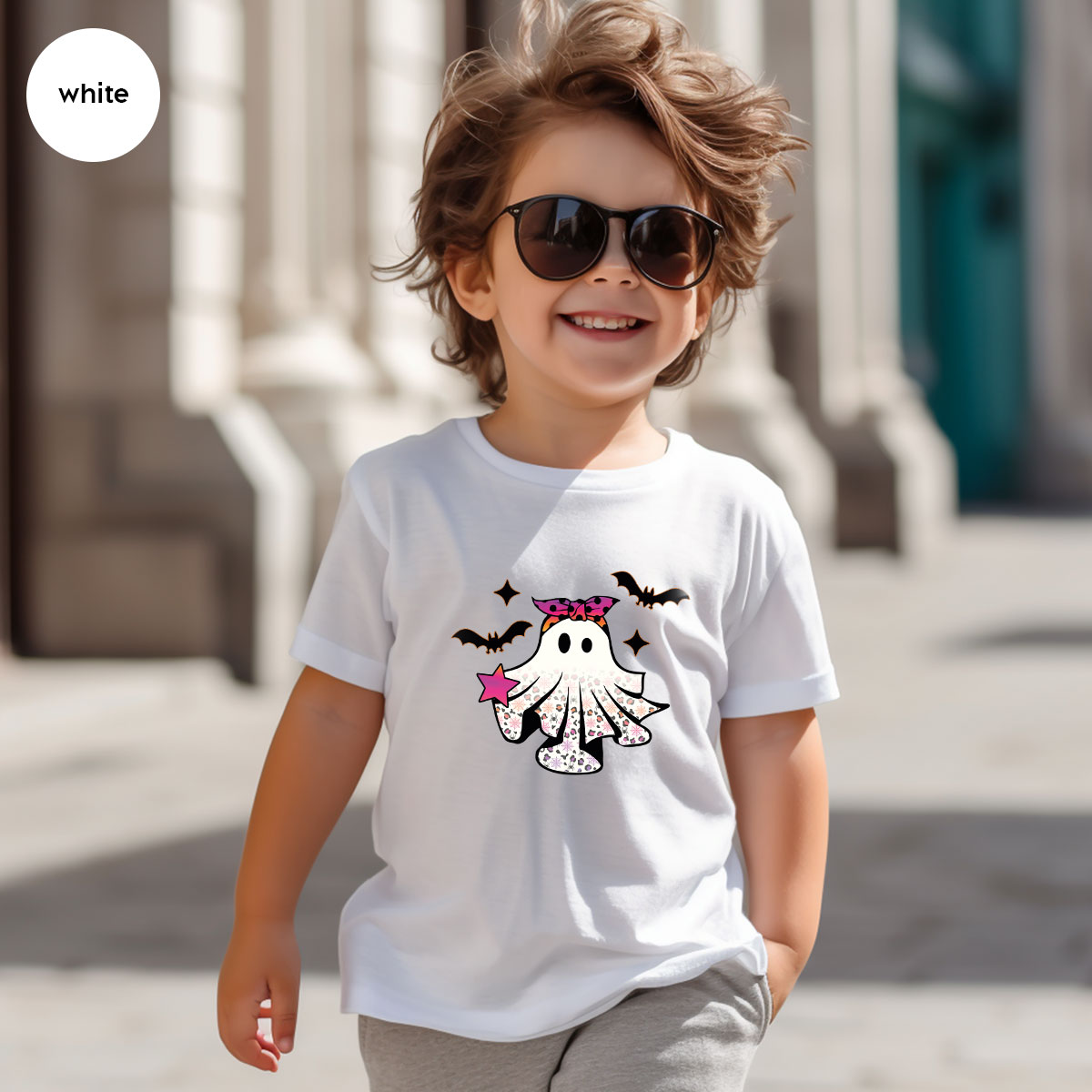 Spooky Season Outfit, Ghost Graphic Tee, Girls Boo Vneck product image 30