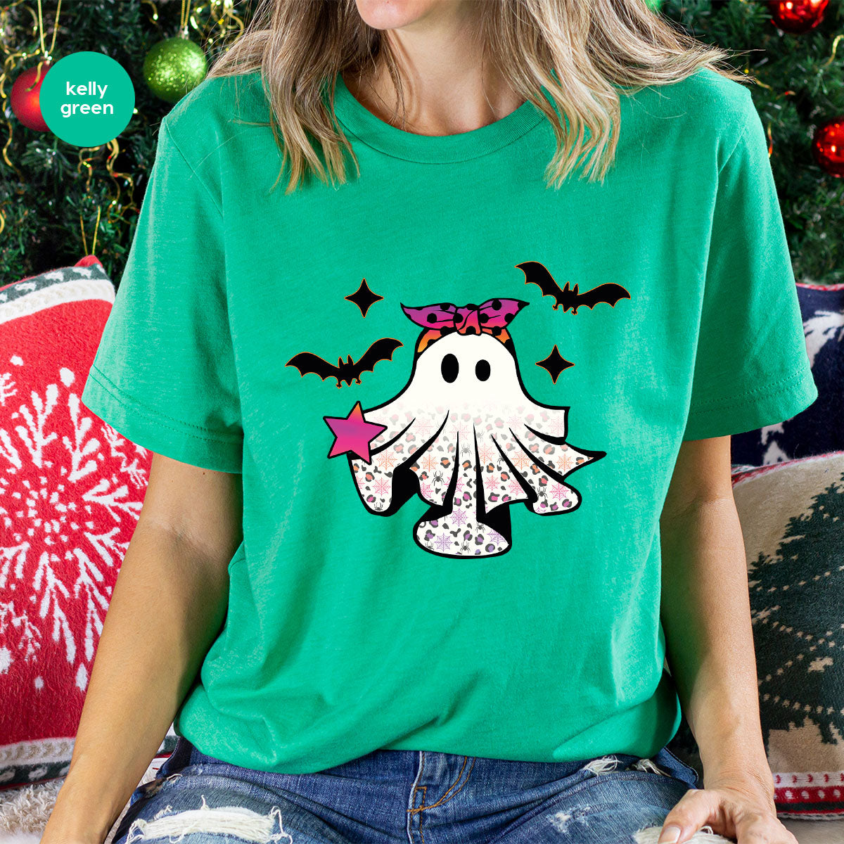 Spooky Season Outfit, Ghost Graphic Tee, Girls Boo Vneck product image 39
