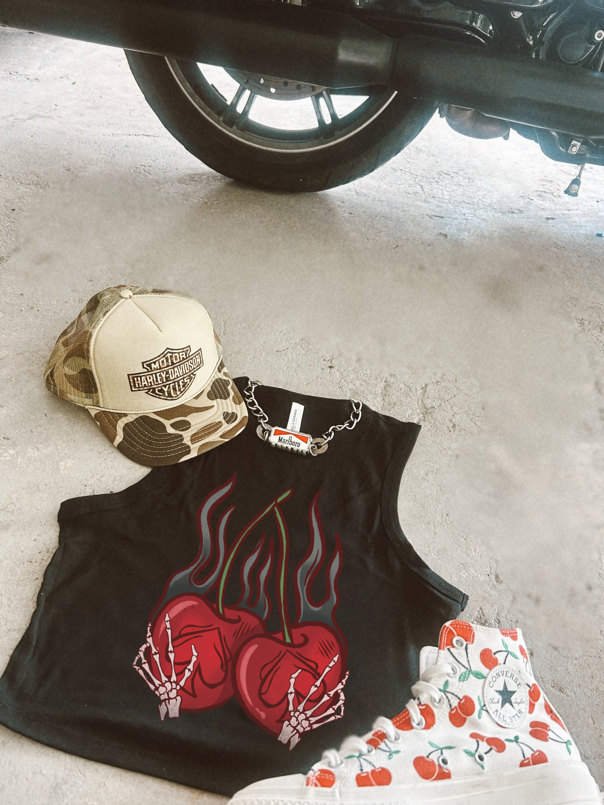 Grunge Cherries Ribbed Racer Tank