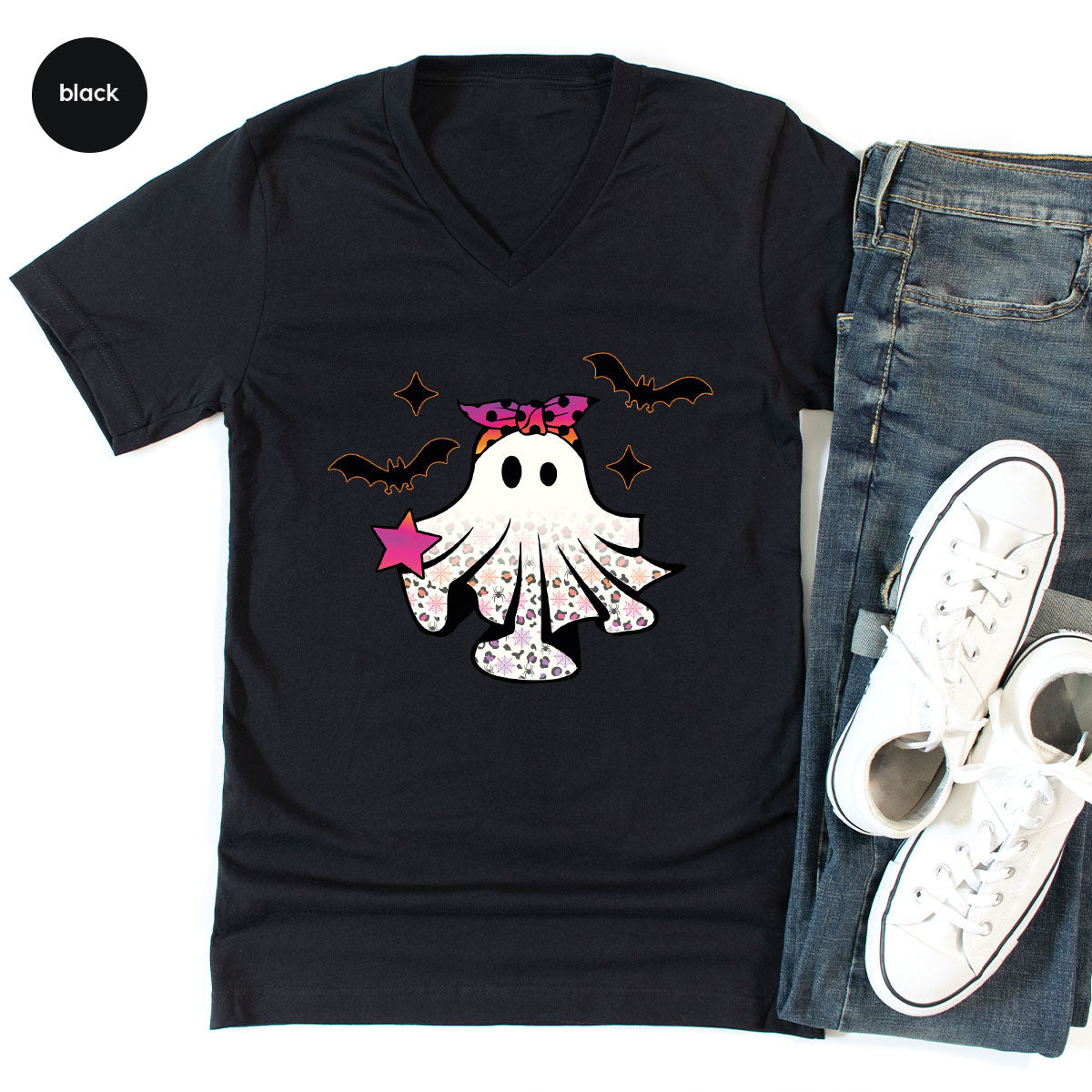 Spooky Season Outfit, Ghost Graphic Tee, Girls Boo Vneck product image 67