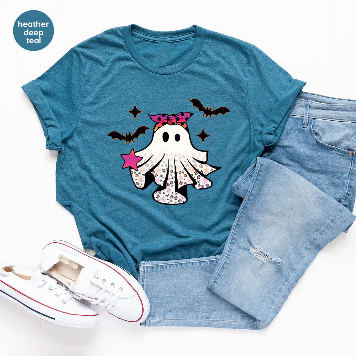 Spooky Season Outfit, Ghost Graphic Tee, Girls Boo Vneck product image 70