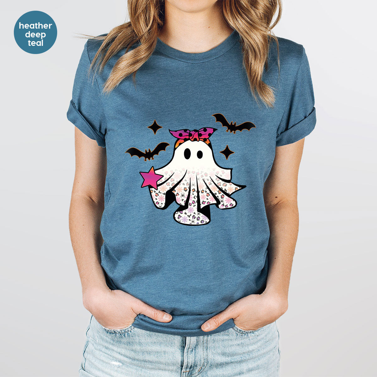 Spooky Season Outfit, Ghost Graphic Tee, Girls Boo Vneck product image 71