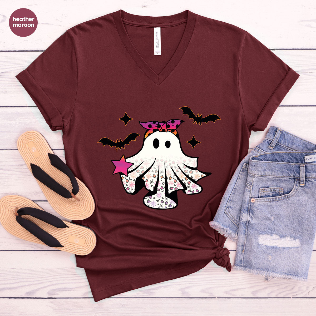 Spooky Season Outfit, Ghost Graphic Tee, Girls Boo Vneck product image 85
