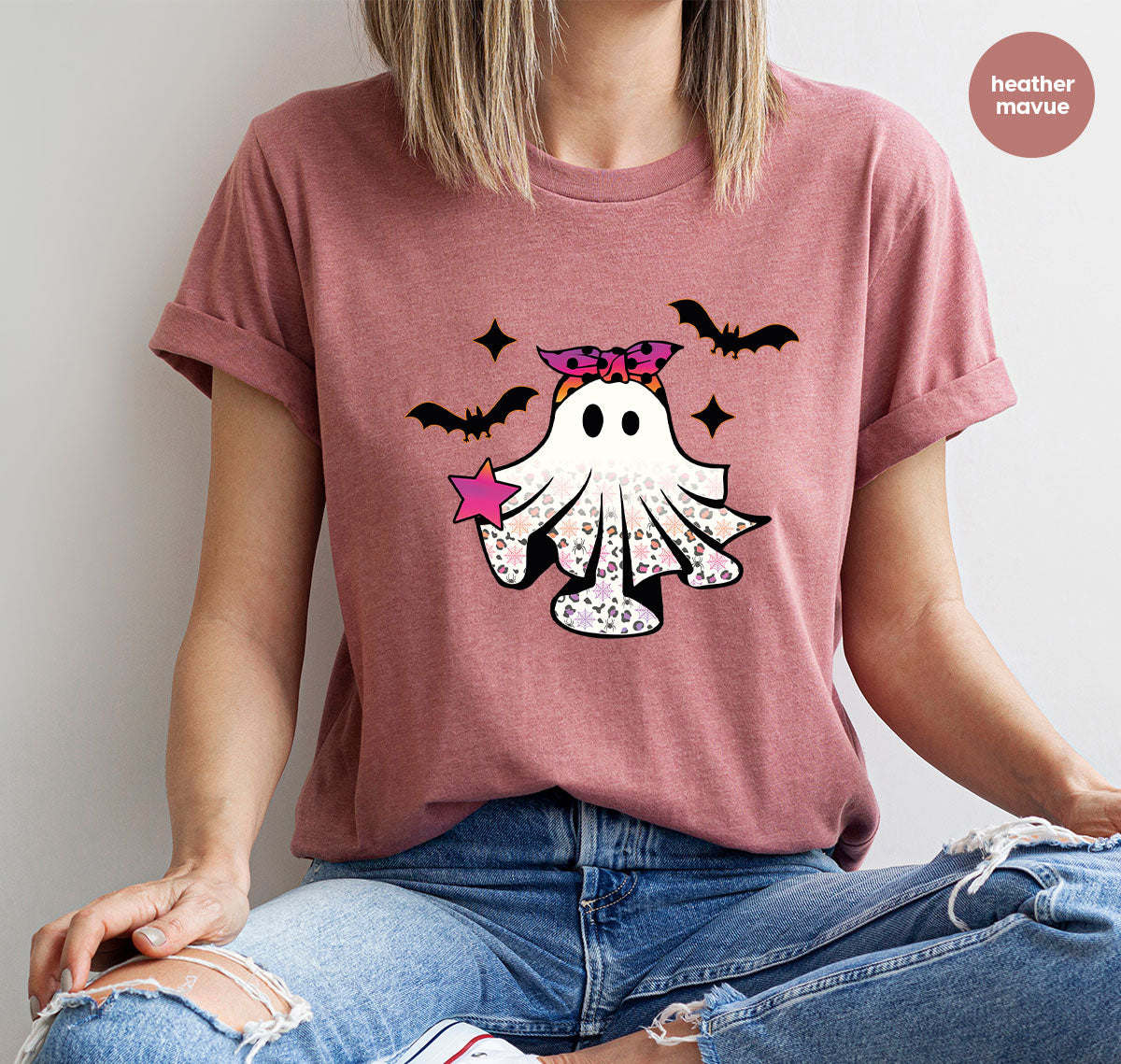 Spooky Season Outfit, Ghost Graphic Tee, Girls Boo Vneck product image 86