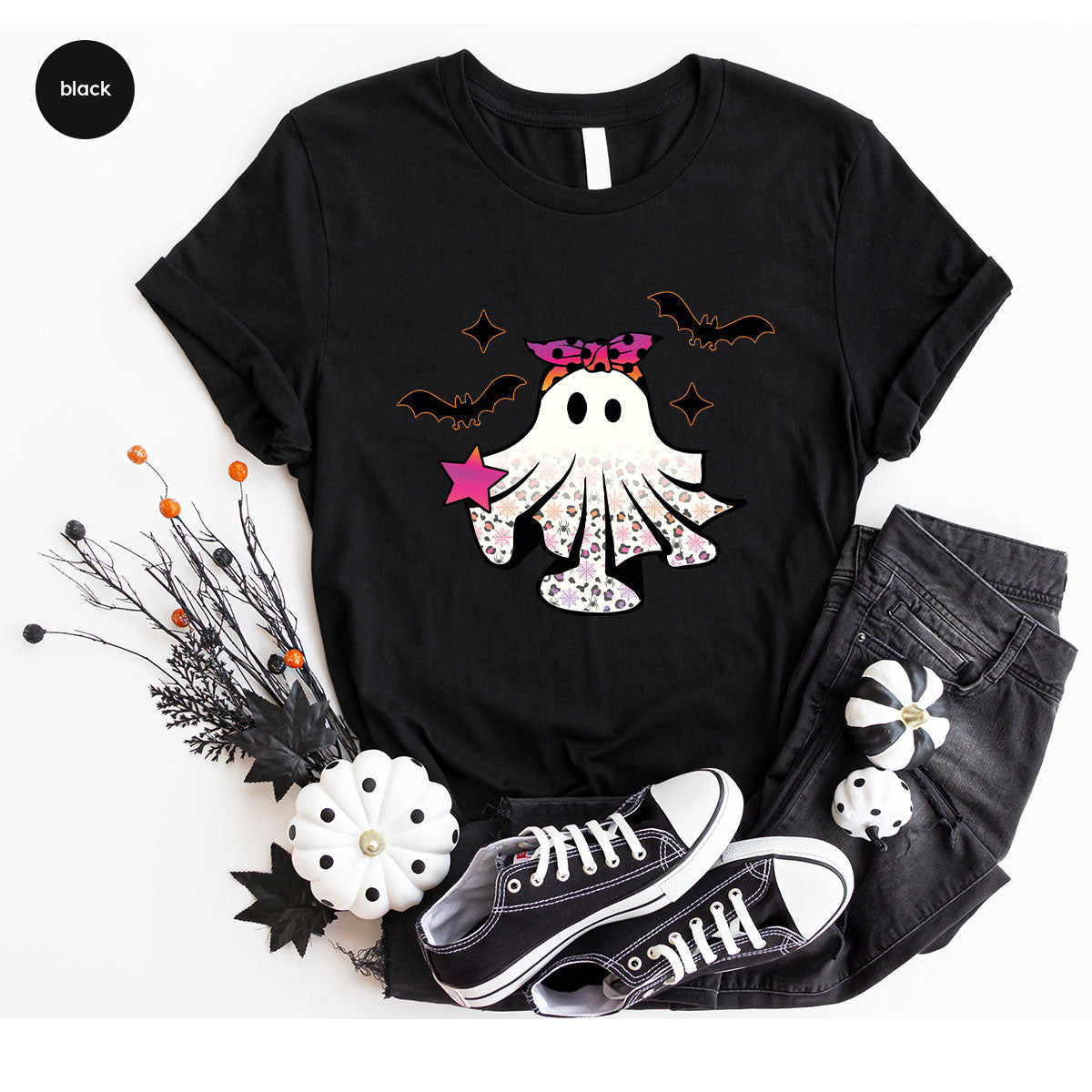 Spooky Season Outfit, Ghost Graphic Tee, Girls Boo Vneck product image 60