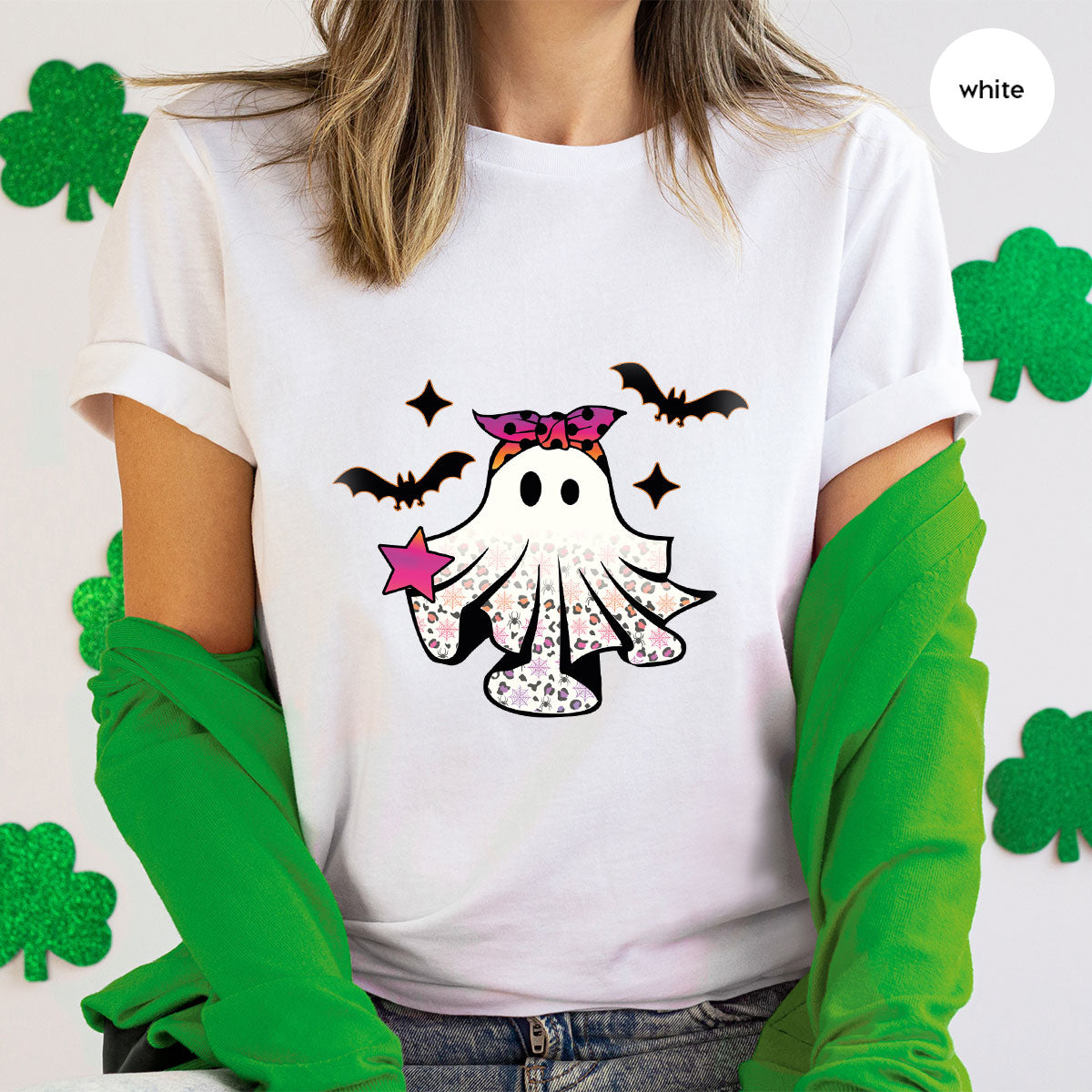 Spooky Season Outfit, Ghost Graphic Tee, Girls Boo Vneck product image 100
