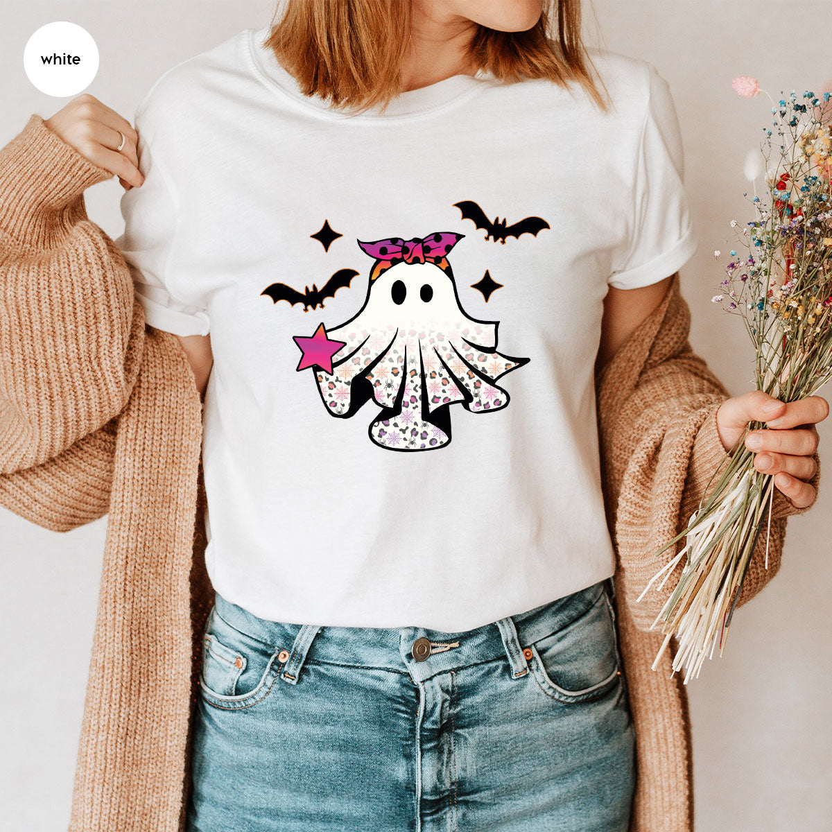 Spooky Season Outfit, Ghost Graphic Tee, Girls Boo Vneck product image 102