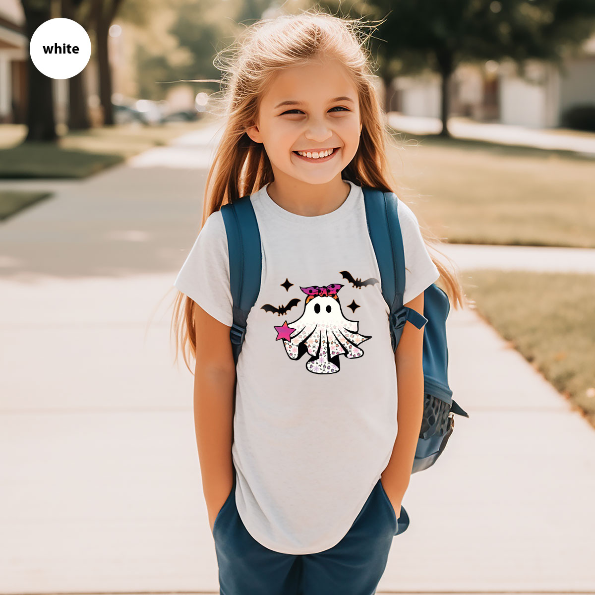 Spooky Season Outfit, Ghost Graphic Tee, Girls Boo Vneck product image 104