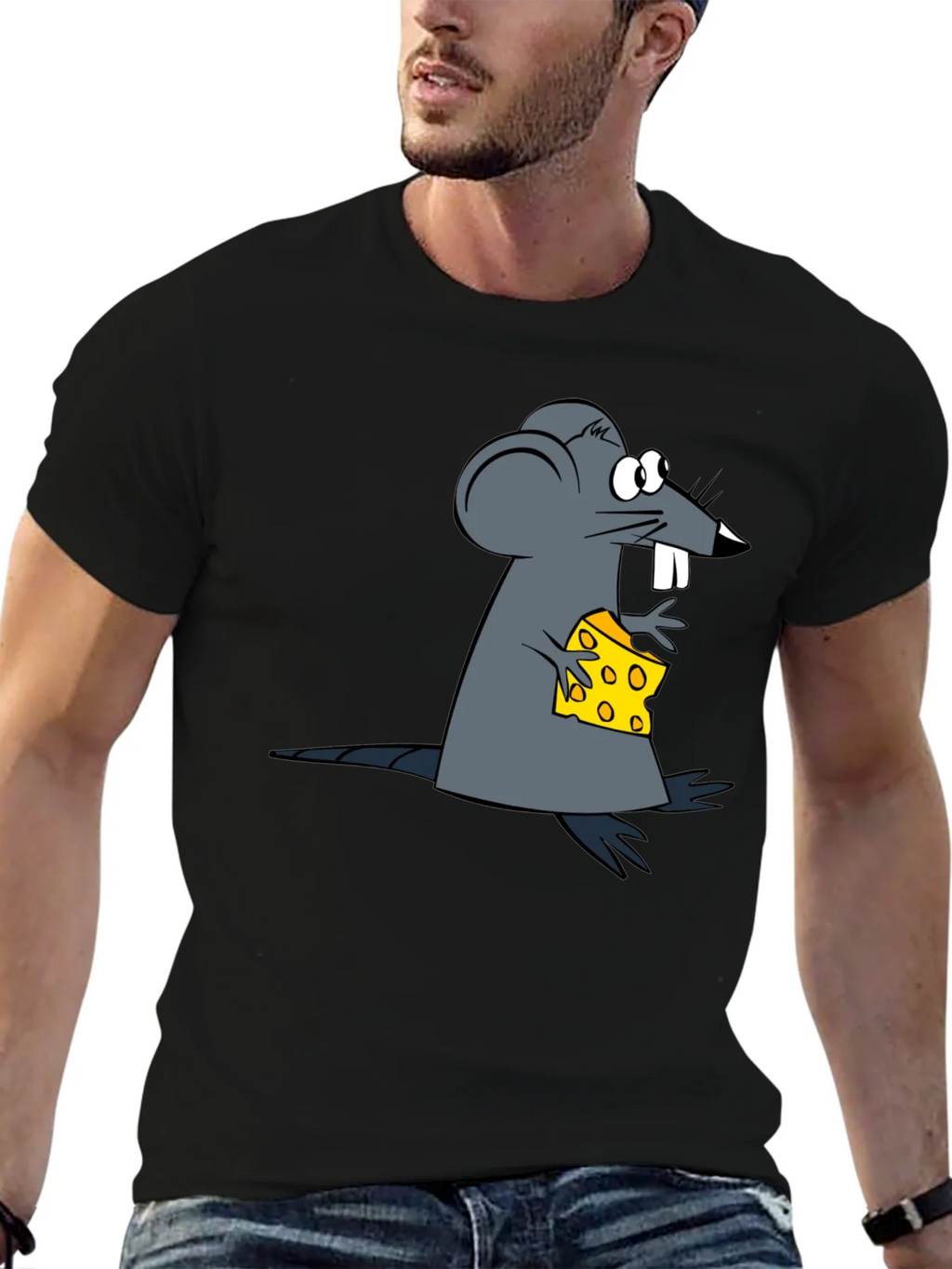 Cartoon Mouse & Cheese Graphic Black T-Shirt product image 6