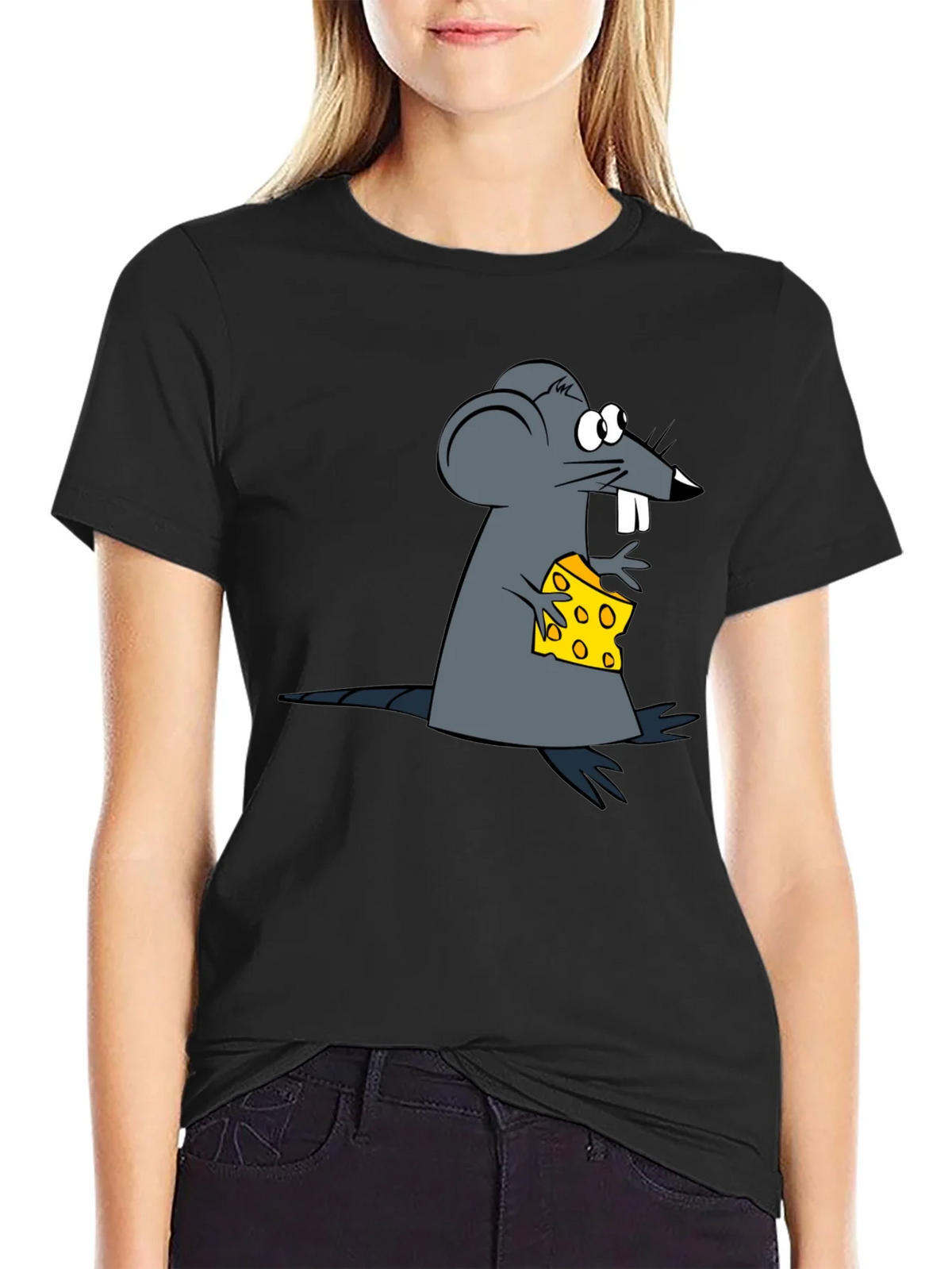 Cartoon Mouse & Cheese Graphic Black T-Shirt product image 2