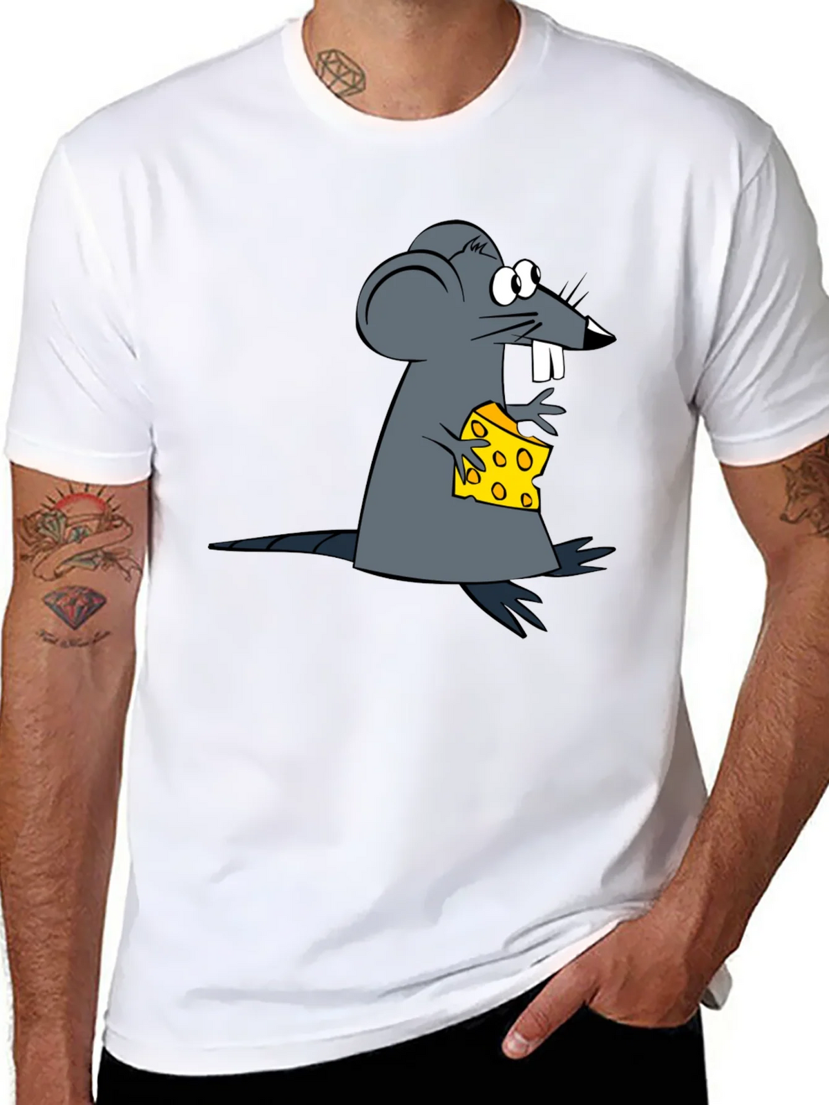 Cartoon Mouse & Cheese Graphic Black T-Shirt product image 7