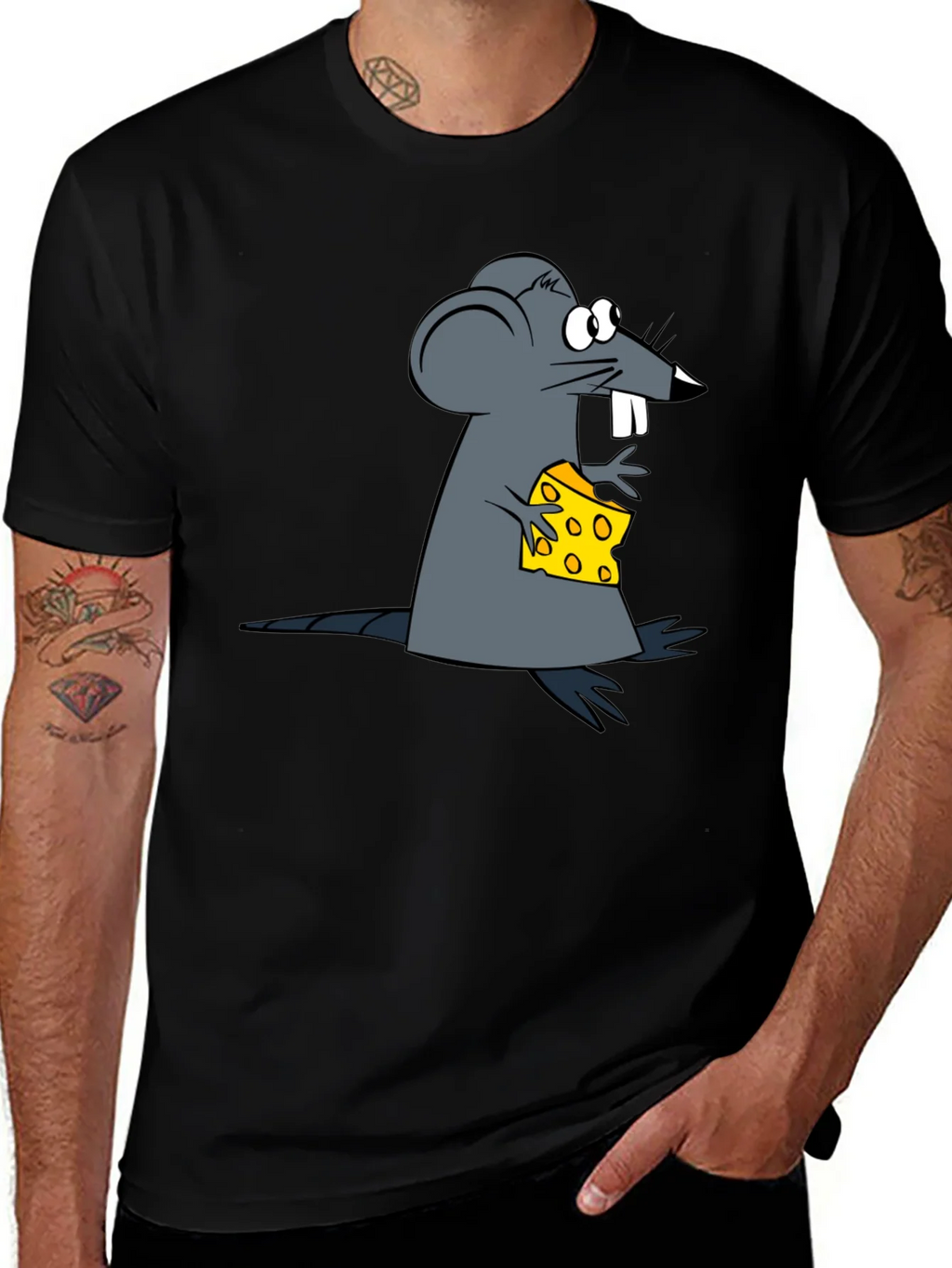 Cartoon Mouse & Cheese Graphic Black T-Shirt product image 1