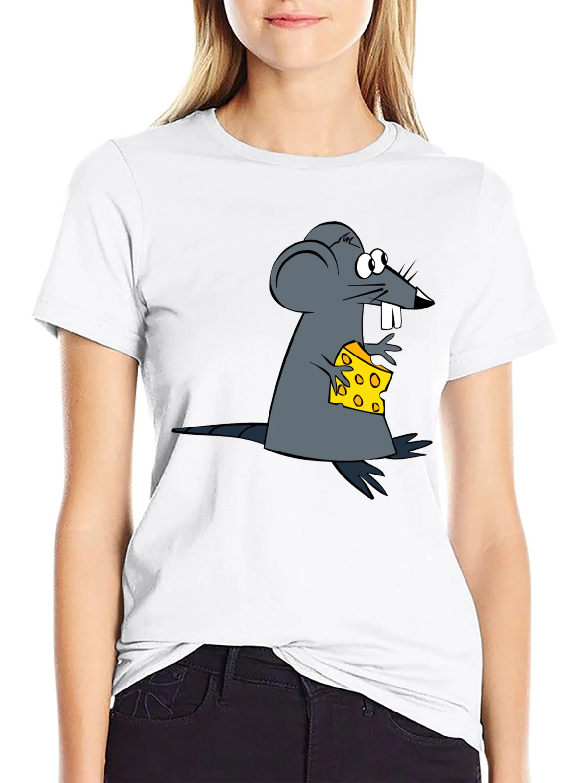 Cartoon Mouse & Cheese Graphic Black T-Shirt product image 8