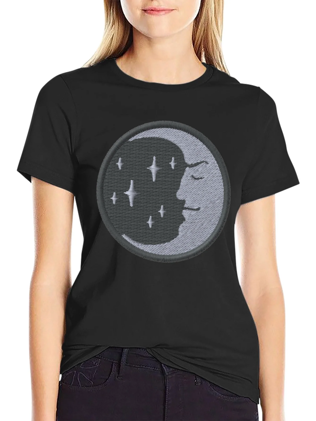 Celestial Moon Embroidered Black T-Shirt product image 2