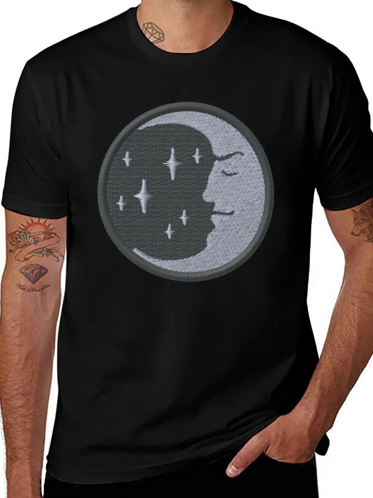 Celestial Moon Embroidered Black T-Shirt product image 1