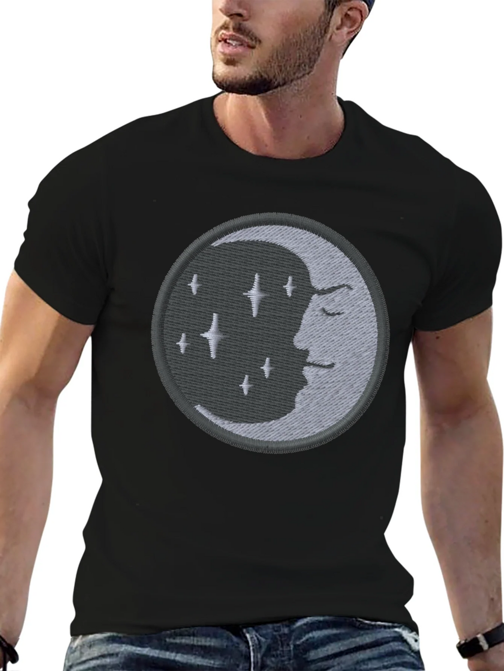 Celestial Moon Embroidered Black T-Shirt product image 5
