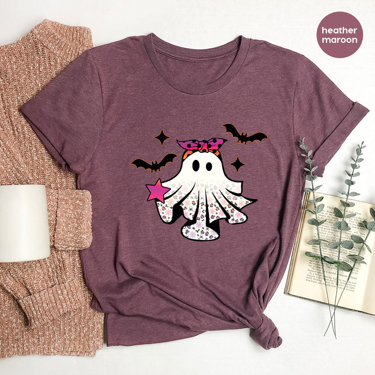 Spooky Season Outfit, Ghost Graphic Tee, Girls Boo Vneck product image 119