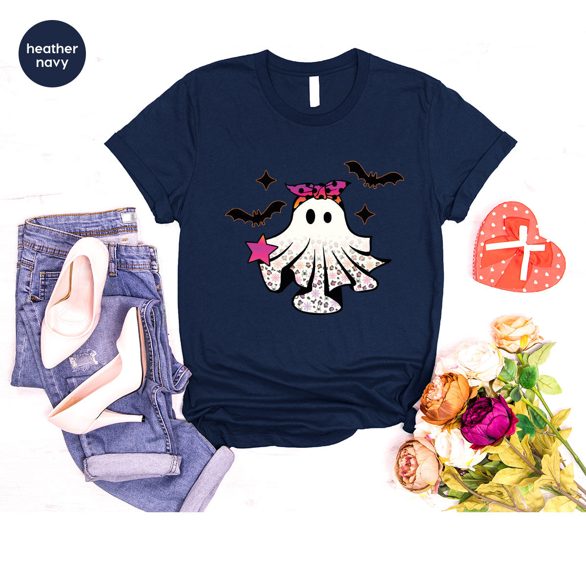 Spooky Season Outfit, Ghost Graphic Tee, Girls Boo Vneck product image 125