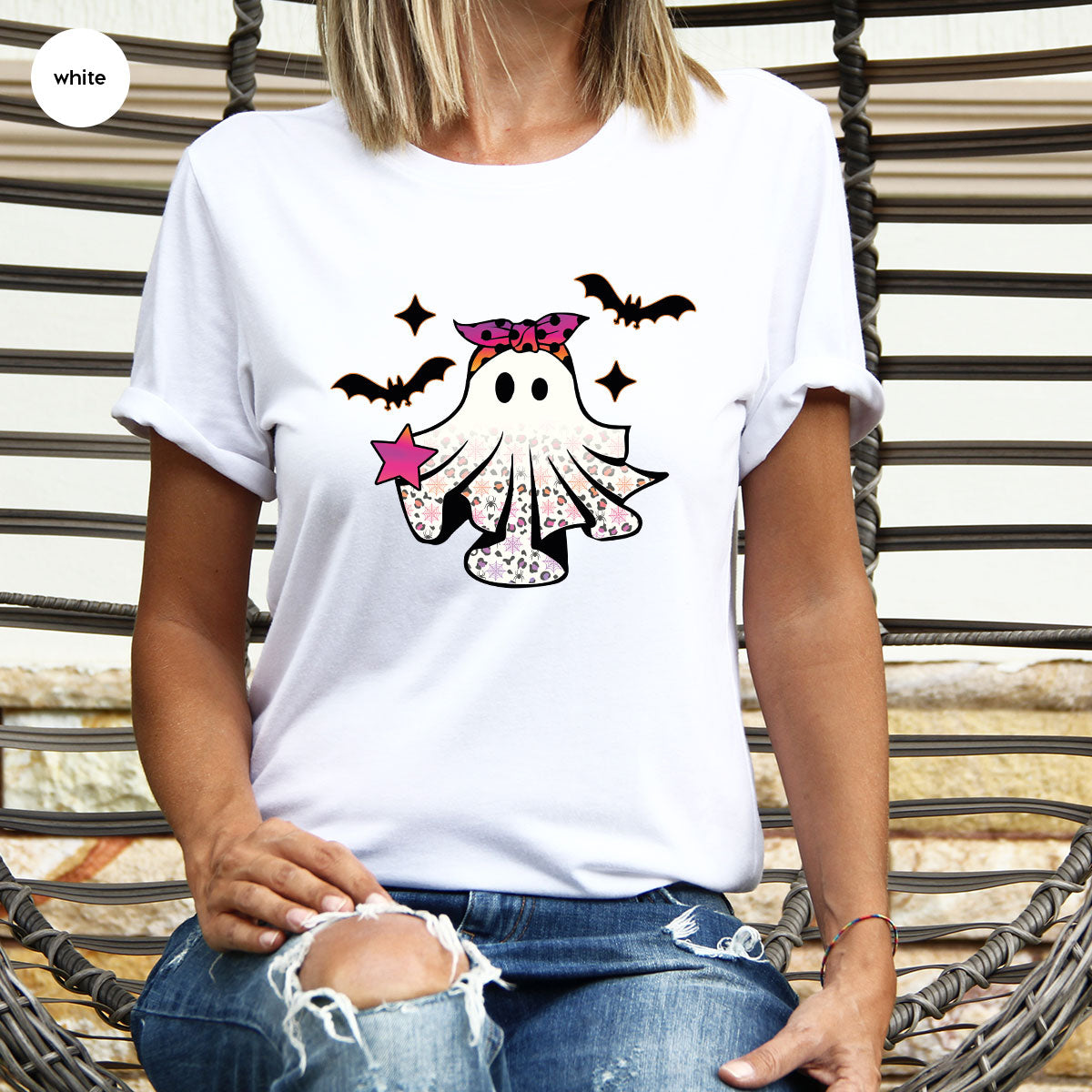 Spooky Season Outfit, Ghost Graphic Tee, Girls Boo Vneck product image 136