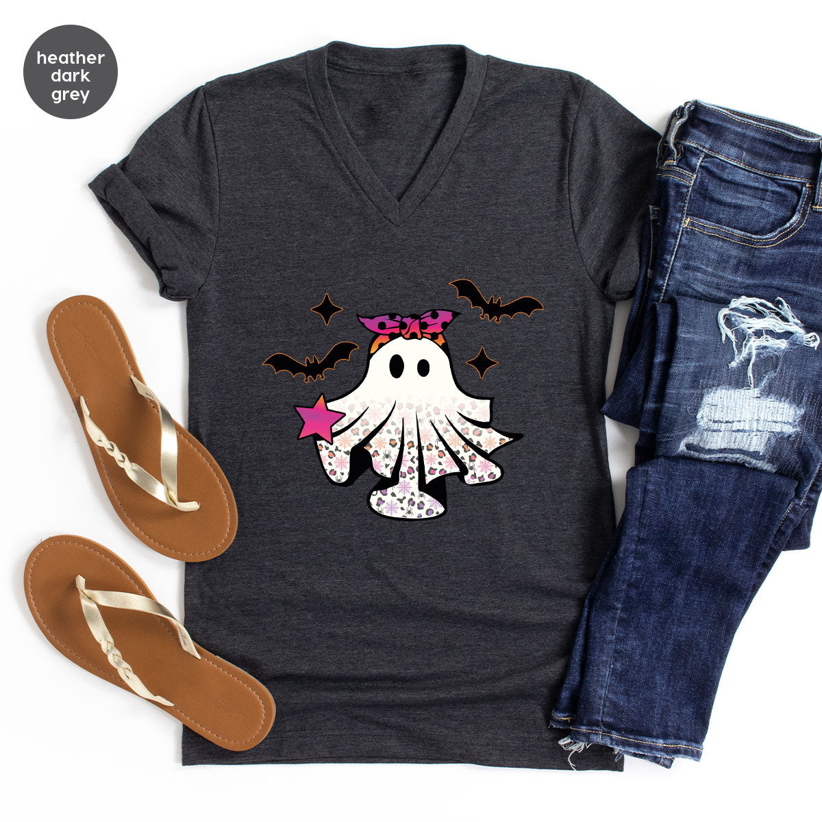 Spooky Season Outfit, Ghost Graphic Tee, Girls Boo Vneck product image 150