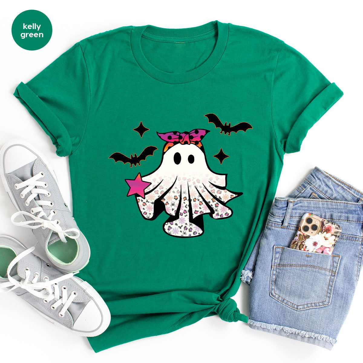 Spooky Season Outfit, Ghost Graphic Tee, Girls Boo Vneck product image 155