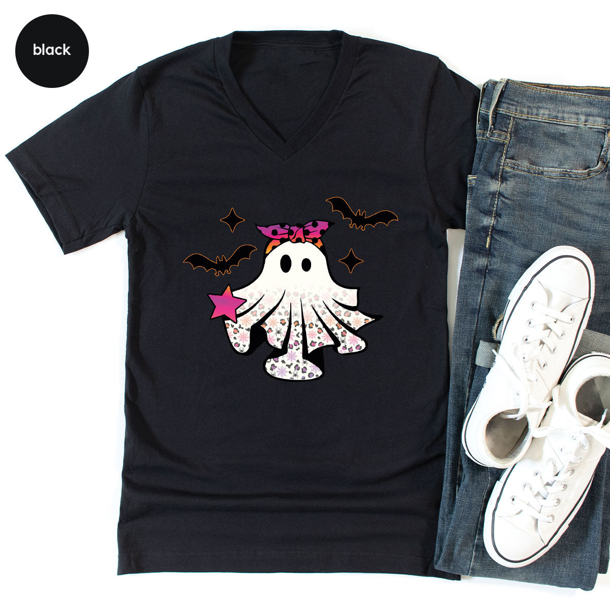 Spooky Season Outfit, Ghost Graphic Tee, Girls Boo Vneck product image 148