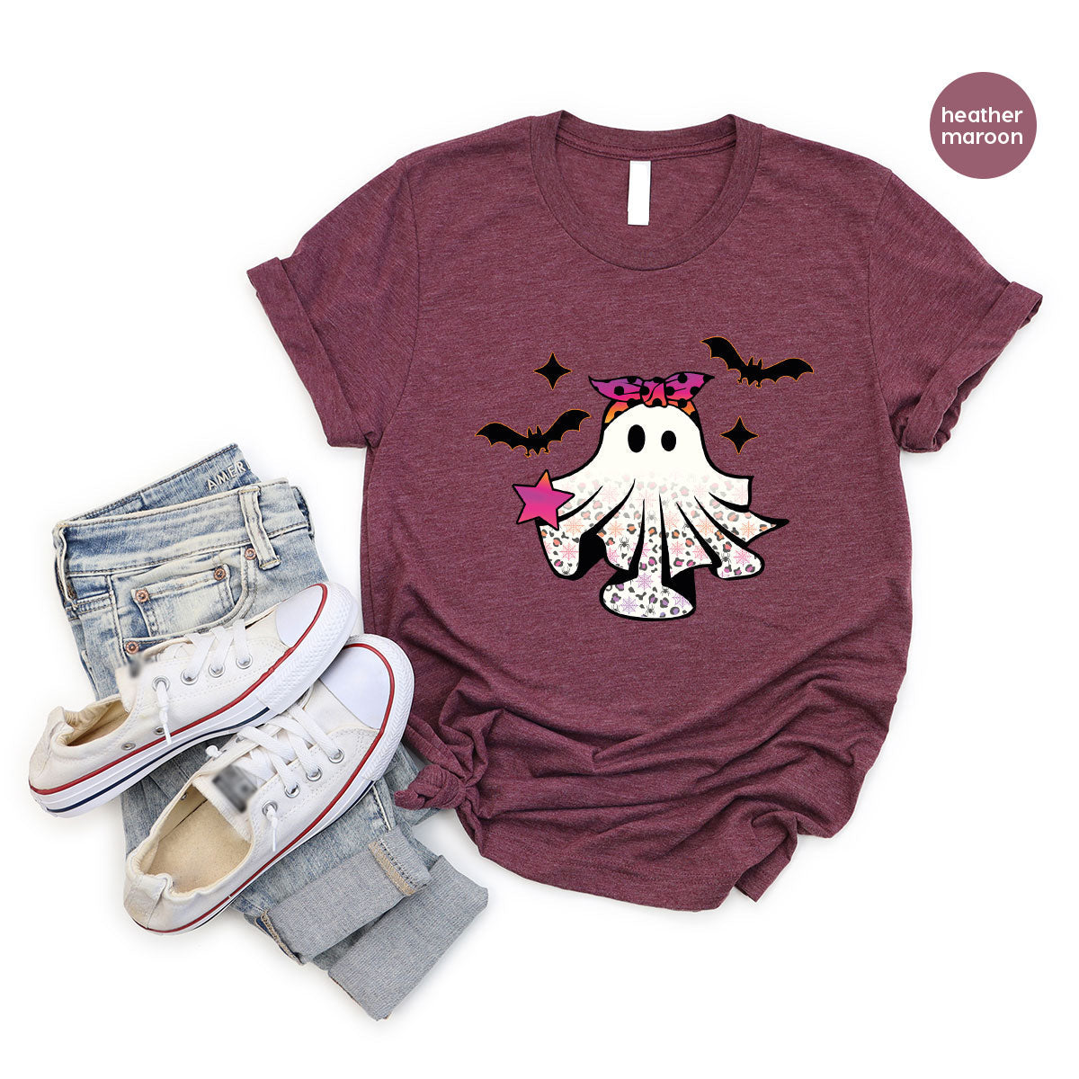 Spooky Season Outfit, Ghost Graphic Tee, Girls Boo Vneck product image 158
