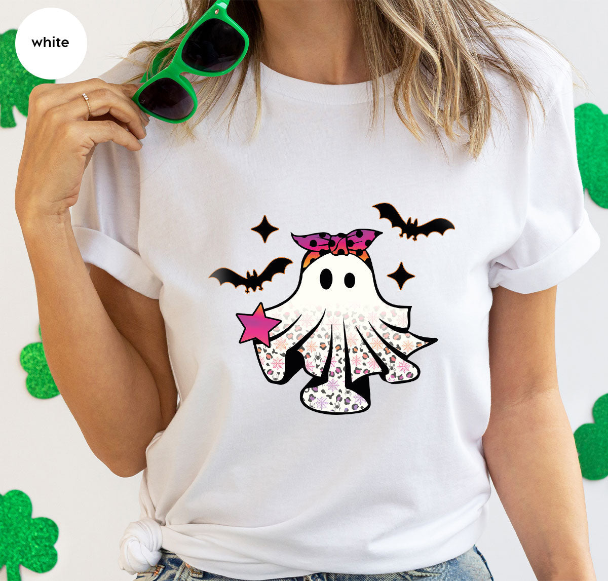 Spooky Season Outfit, Ghost Graphic Tee, Girls Boo Vneck product image 171