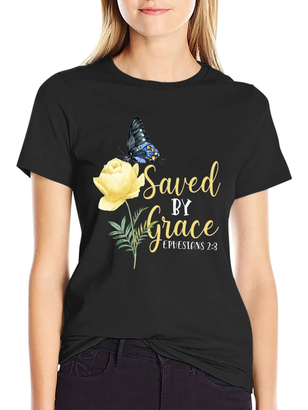 Saved By Grace T-Shirt Butterfly & Rose Design product image 1