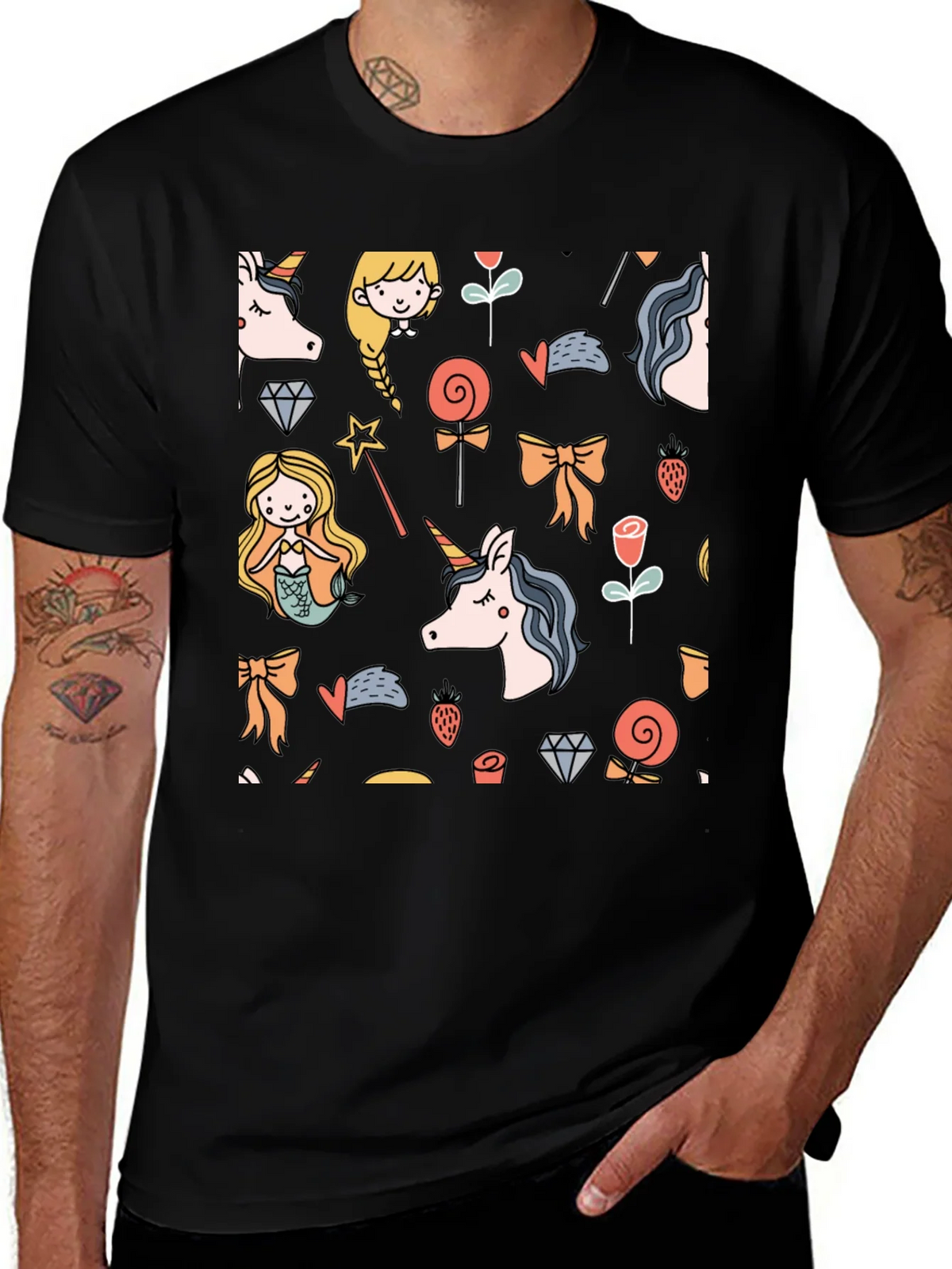 Unicorn & Fairy Print T-Shirt - Whimsical Black Tee product image 1
