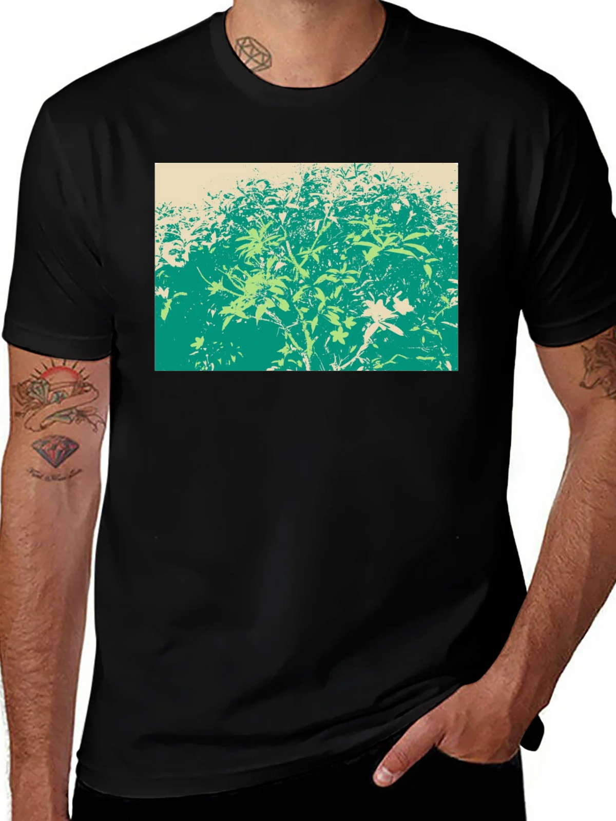 Green Botanical Print Black T-Shirt product image 1