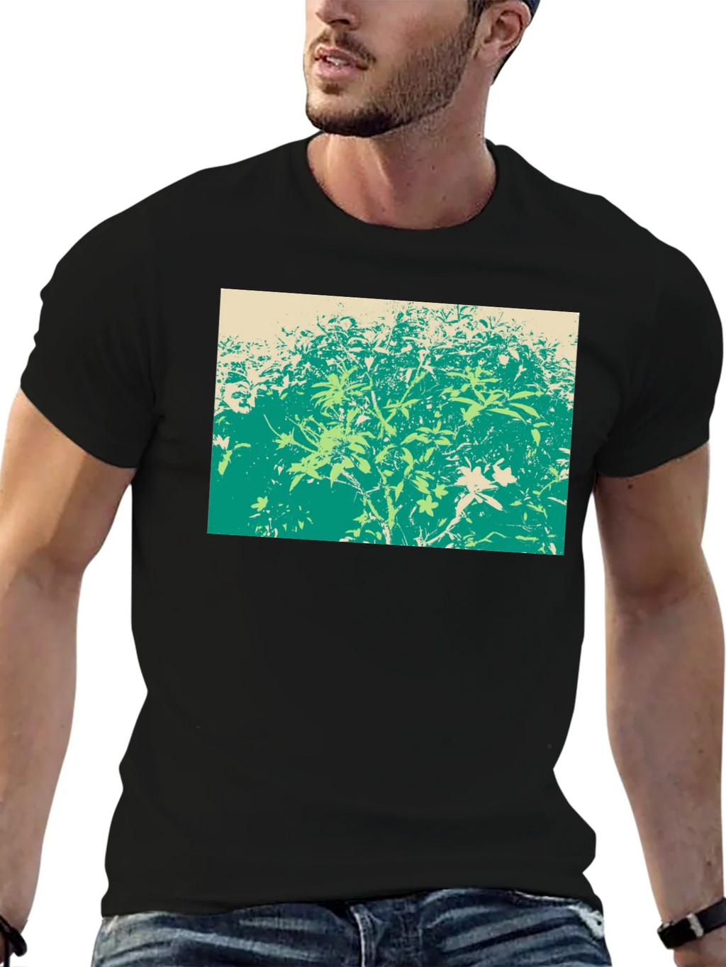 Green Botanical Print Black T-Shirt product image 2