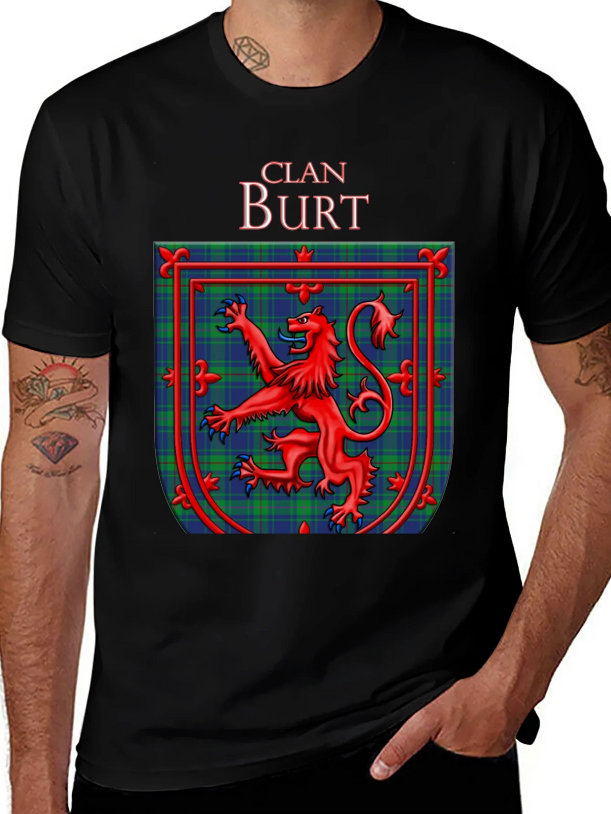 Clan Burt Scottish Tartan Crest Black T-Shirt product image 1