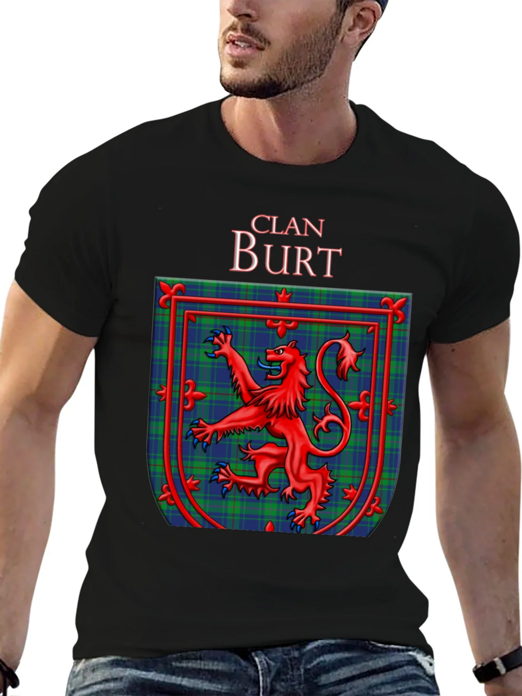 Clan Burt Scottish Tartan Crest Black T-Shirt product image 4
