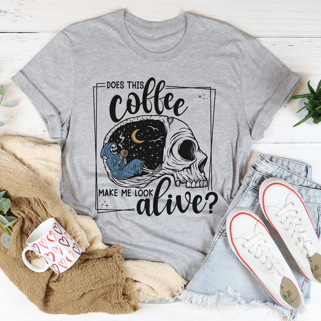 Does This Coffee Makes Me Look Alive Cozy Skull Tee product image 2