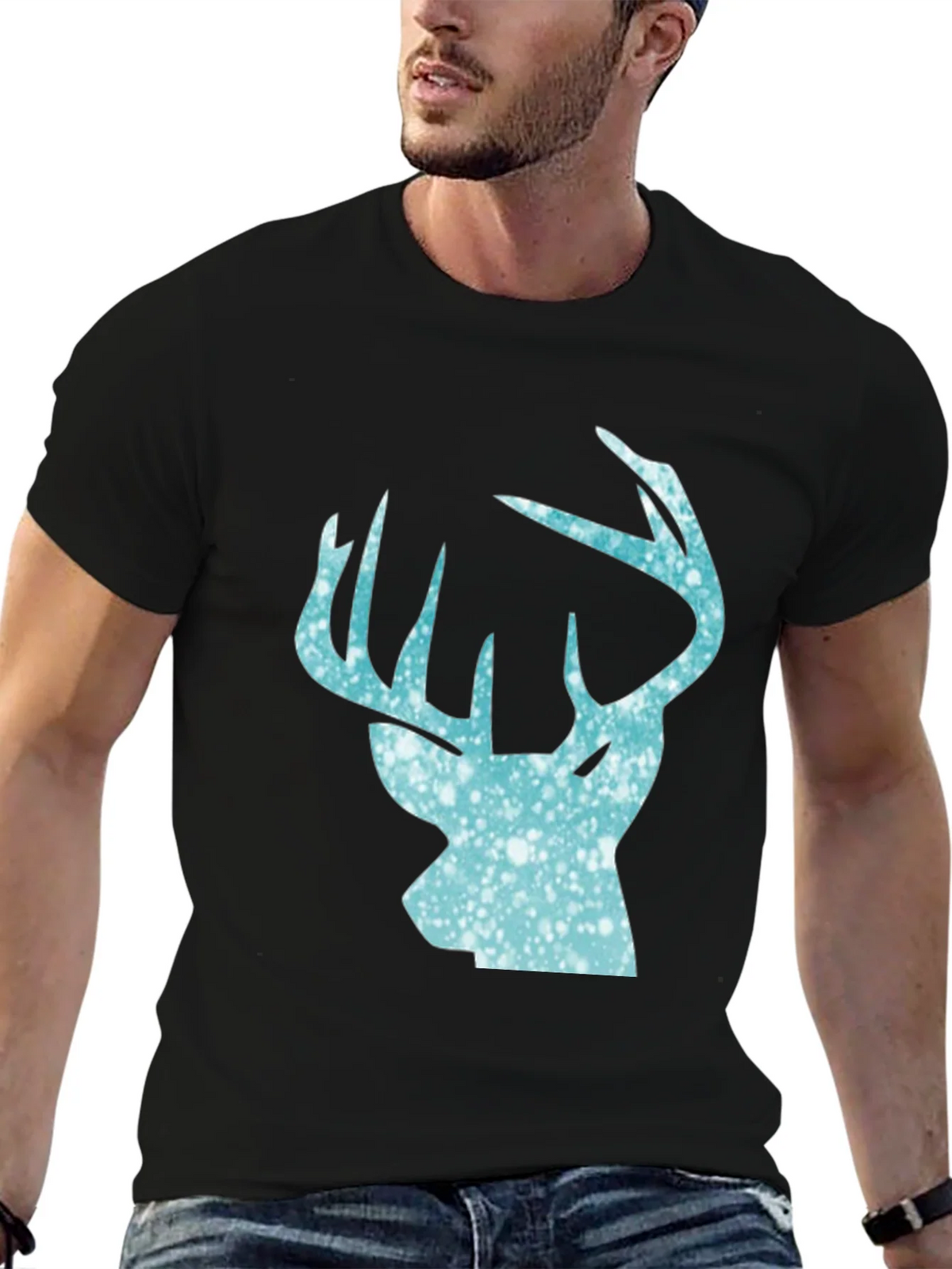 Mens Black T-Shirt with Deer Head Print product image 3
