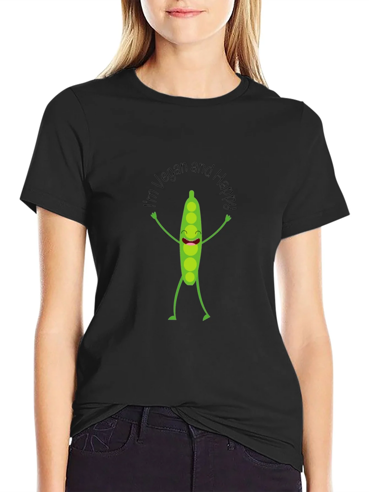 Vegan & Happy Cartoon Pea T-Shirt product image 1
