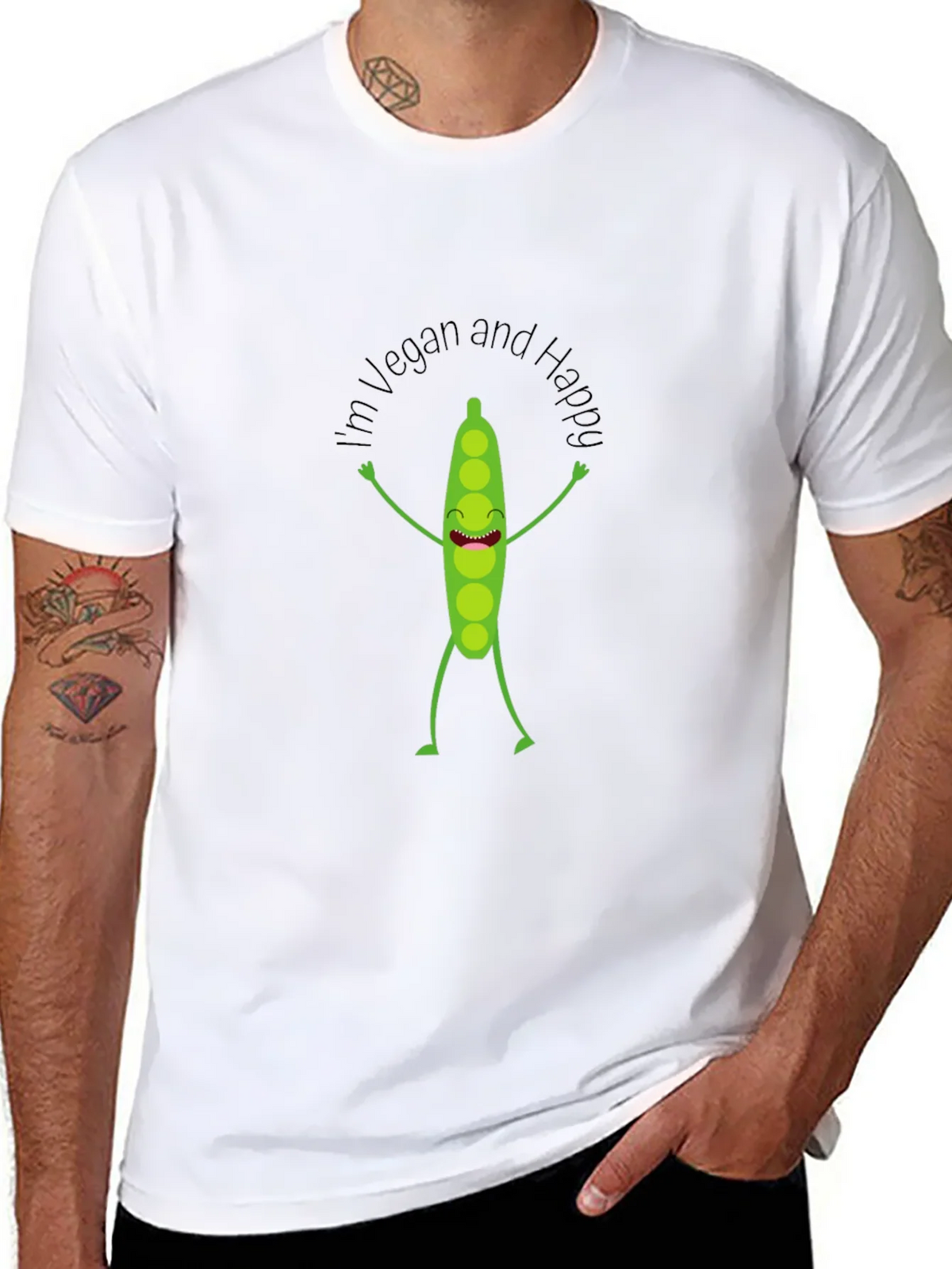 Vegan & Happy Cartoon Pea T-Shirt product image 2