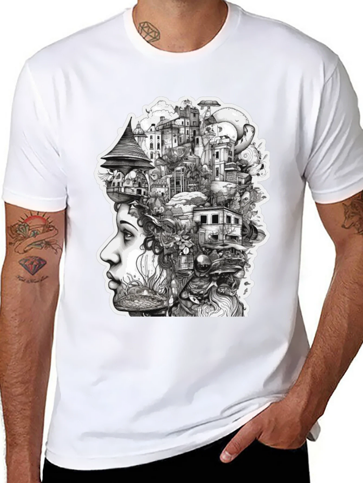 Mindscape Tee: Surreal City in Head Design - Black Cotton product image 1