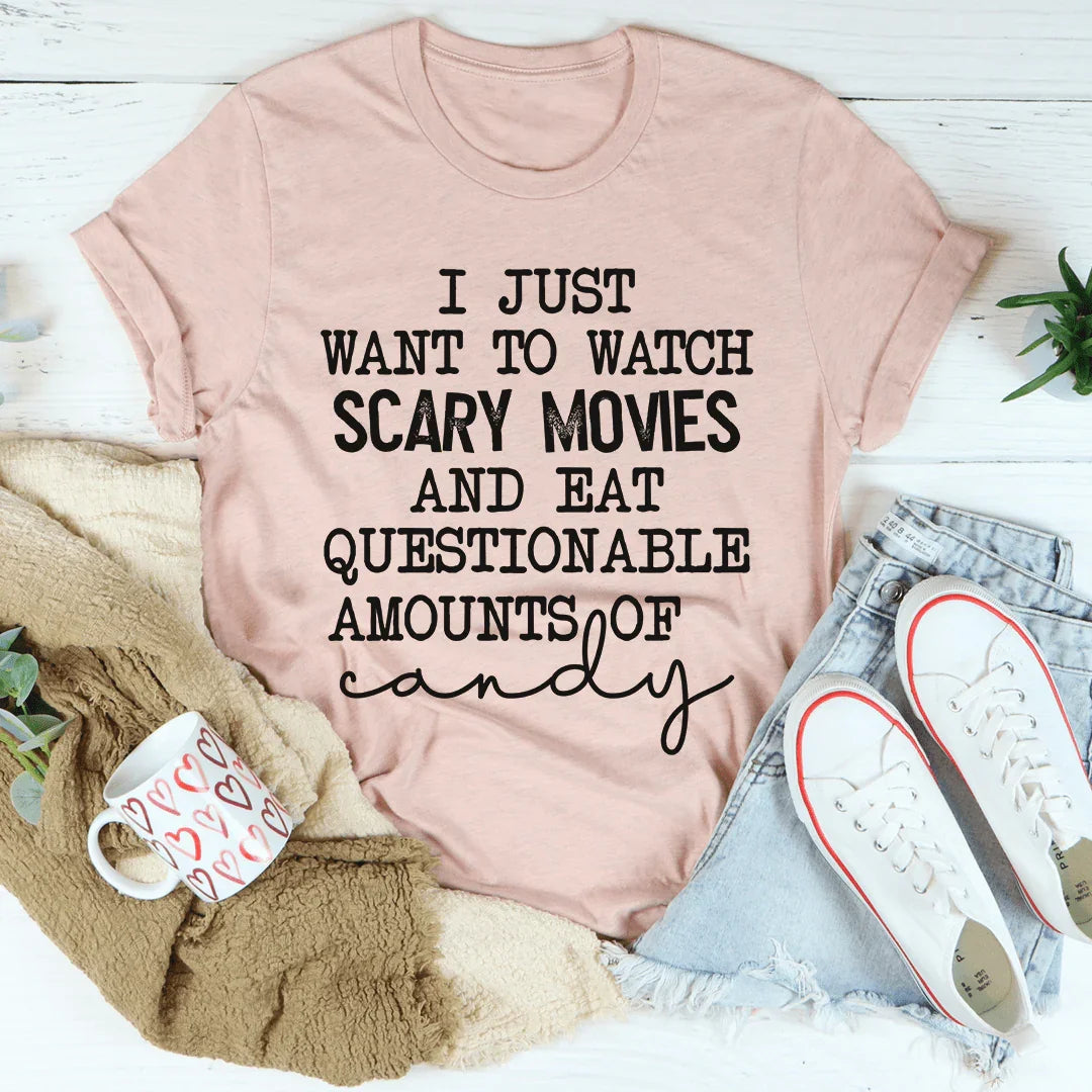 I Just Want To Watch Scary Movies And Eat Candy Tee product image 4