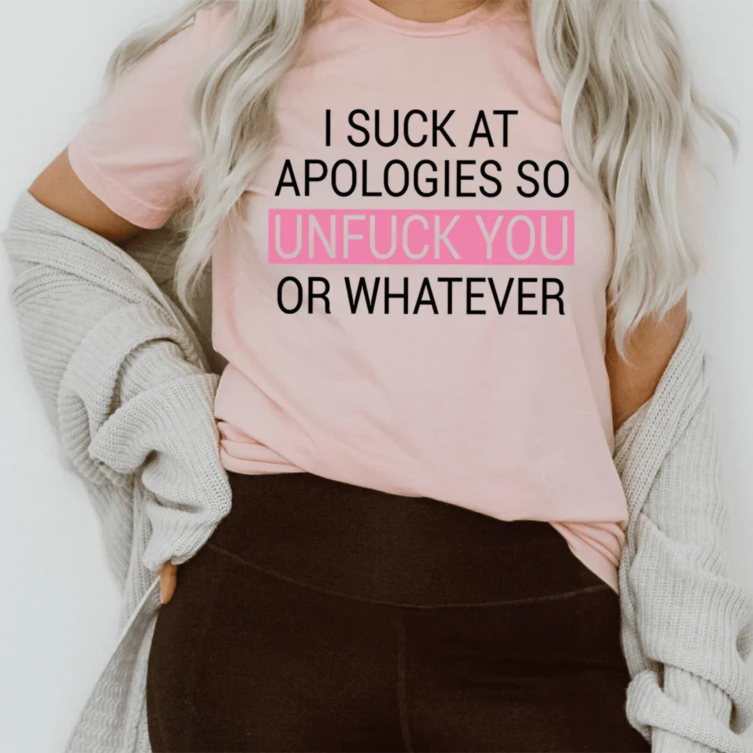 Sarcastic Dark Humor Crewneck Tee – \"I Suck At Apologies\" product image 1