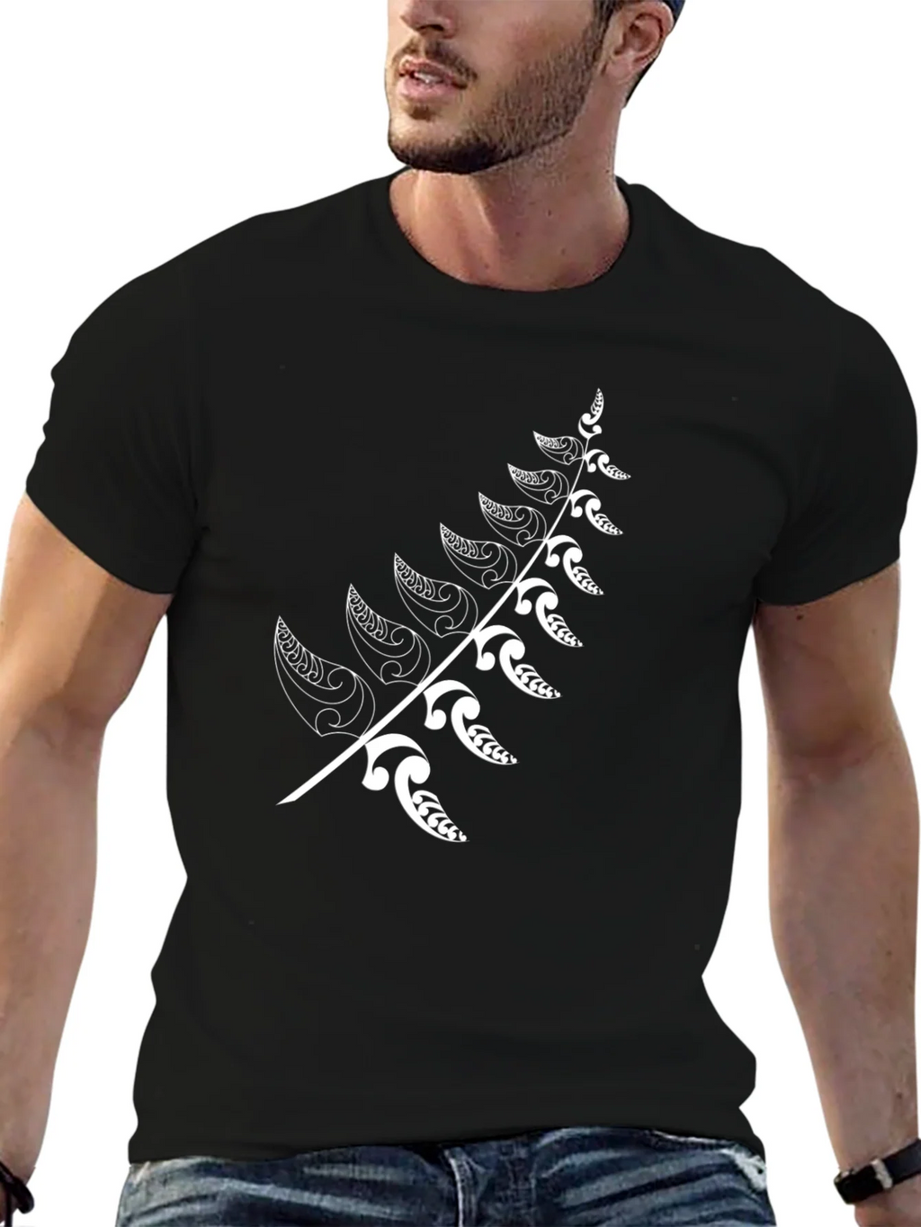 Black T-Shirt with White Fern Design product image 2